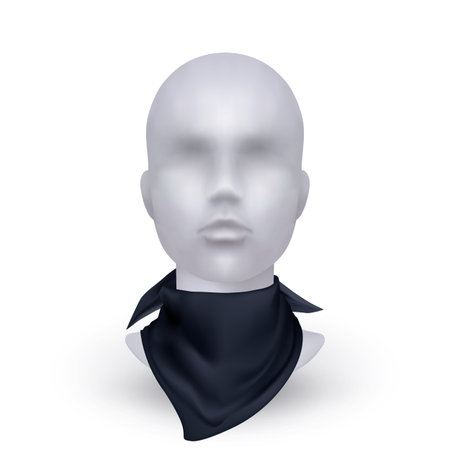 Bandana realistic on mannequin. Neck unisex textile modern casual accessory. Way to wear kerchief. Black cotton scarf. Fashion style. Stylish uniform. Biker style vector isolated clothing illustrationのイラスト素材