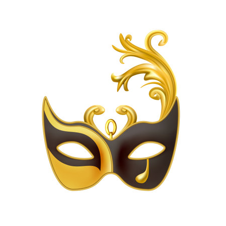 Carnival mask. Gold and black glasses for festive holidays. Masquerade party. Opera and theatre performance realistic object. Harlequin Venice accessory. Isolated vector performance costume elementのイラスト素材