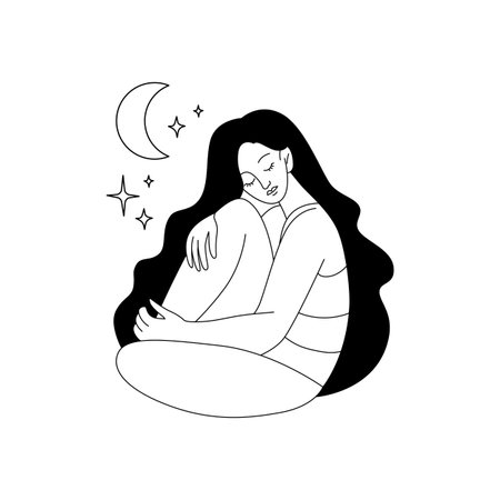 Woman body. Sitting beautiful girl. Dreaming female. Stars and moon. Silhouette brunette hair. Cute lady with flower. Wellness and relax. Outline drawing. Line sketch. Vector monochrome illustrationのイラスト素材