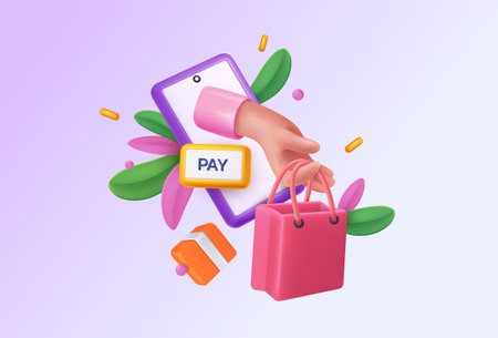 Online shop. 3D e-commerce. Phone sale. Purchase sell and delivery. Fashion store. Shopping application. Commerce for mobile customers. Order pay app. Render box and bag. Vector exact illustrationのイラスト素材