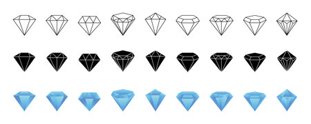 Diamond logo. Precious gemstone icon. Black outline silhouette shape. Pictogram of treasure crystal. Brilliant gem carat. Expensive jewelry. Purity of faceted jewel stone. Vector garish symbols setのイラスト素材