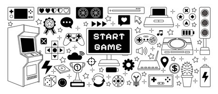Video game icons. Outline doodle control joystick. Retro white gamer laptop. Black gamepad console and computer. Arcade machine. Computer playing. Gaming elements set. Vector flat tidy illustrationのイラスト素材