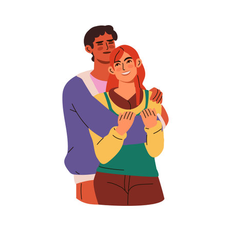 Hugging. Man and woman in love. Multiethnic couple. Happy girl and boy relationships. Boyfriend and girlfriend in casual clothes. People together. Vector cartoon flat style isolated illustrationのイラスト素材