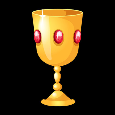 Magic goblet. Golden cup with ruby gemstones. Treasure shiny antique glass. Award trophy. Gold metal and jewels. Wizard bowl. Witchcraft and alchemy. Potion drink. Precious gem. Vector magical objectのイラスト素材