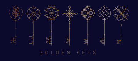 Old key. Antique lock skeleton different forms, ornate line ancient secret, decorative symbol, medieval treasure. Golden decorative element. Logo design. Vector creative luxury icon, garish collectionのイラスト素材