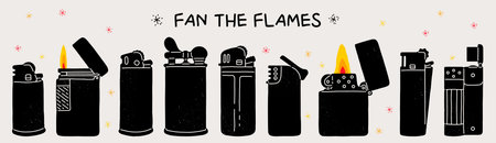 Lighter design. Abstract logo. Light metal texture. Black smoke and red fire. Modern lifestyle. Burning accessory. Smokers banner. Silhouette flammable equipment shapes set. Vector illustration iconsのイラスト素材