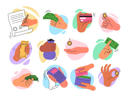 Hands holding money. Bills and credit cards. Gestures of donation. Characters with financial taxes. Budget economy. Contract signature. Coins and banknotes. Cash payment. Paying arms vector flat setのイラスト素材