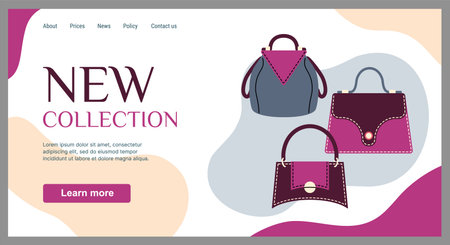Bags store landing page. Fashion collection. Trendy accessories assortment. Fashionable clothing boutique. Leather purse and tote. Luxury handbags. Stylish merchandise. Website template vector designのイラスト素材