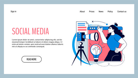 Social media. Blog creation landing page. Woman records vlog. Photo camera. Creative idea for bloggers. Digital content editor. Web designer. Blogging online management. Website template vector designのイラスト素材
