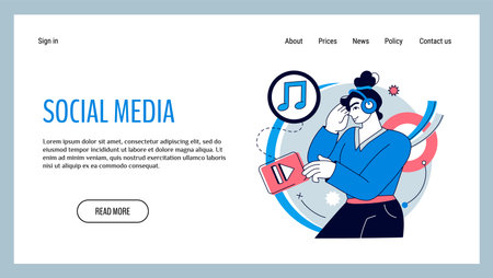 Social media landing. Podcast streaming. Online radio broadcast. Musical blog. Woman with headset listening to music. Audio multimedia. Network service. Sound playlist. Website template vector designのイラスト素材