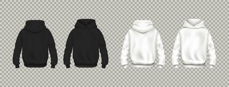 Apparel mockup, template sweatshirt. Clothes merchandise, black and white jumper, casual jacket, textile hoodie front and back view, empty print. Vector realistic sport and casual fashion collectionのイラスト素材