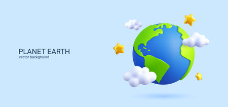 Ecosystem globe earth. Map 3d planet, star and clean clouds, ecology and environment care, world with green continents and blue oceans. Background template. Vector bubble 3d universe, protect friendsのイラスト素材