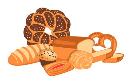 Bakery composition. Different types of bread. Baguette, fresh croissant and bagel. traditional pretzel and pie. Shop icon and label, menu cover. Healthy food cartoon flat isolated vector illustrationのイラスト素材