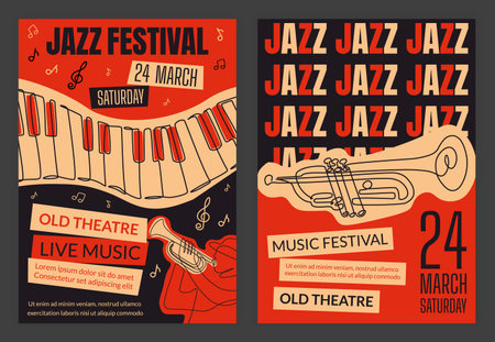 Jazz band poster. Party invitation. Music concert. Musical festival. Trumpet and piano. Theatre performance flyer. Musicians orchestra. Line drawing. Nightlife placard. Vector retro design banners setのイラスト素材