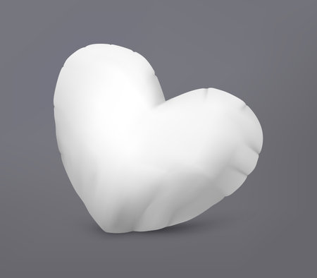 3D pillow. Heart shaped cushion. Comfortable domestic bedding. Romantic fabric gift. Valentine soft accessory. White textile love. Home fluffy decoration. Sleep relaxation. Vector realistic objectのイラスト素材