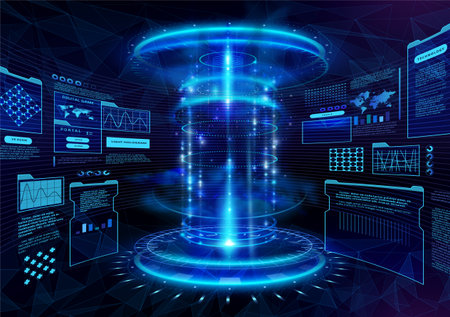 Tech background. Digital game hud, 3d lab hologram, ai and ui fantasy frame, techno vr cyberspace room. Blue glowing surface. Various hologram panels and dashboards. Vector cyber exact platformのイラスト素材