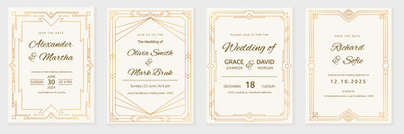 Art deco invite. Gatsby frame, gold border design for card background, luxury party element. Luxury wedding invitation, golden poster template. Vertical banner background. Vector line, garish labelのイラスト素材