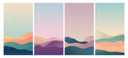 Japanese background. Japan line pattern, sea wave graphic elements, oriental sunset texture. Natural pastel colors. Asian minimalism. Elegant premium backdrop, vector illustration, banners collectionのイラスト素材