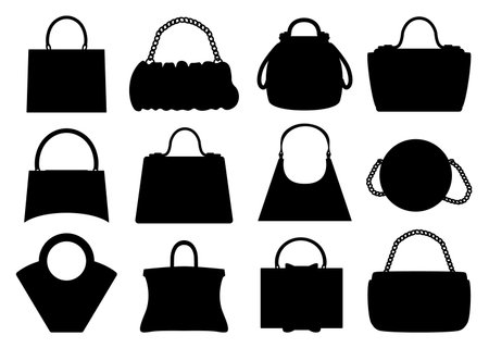 Bags black silhouettes. Stylish handbags. Shopping fashion collection. Elegant clutch. Female tote and backpack. Glamour clothing. Purse flat shapes. Trendy packets. Vector fashionable accessories setのイラスト素材