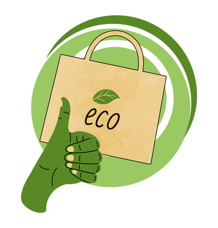 Eco bag. Reusable handbag. Fabric sack. Green approve hand. Supermarket shopping package. Ecology friendly. Recycling canvas pocket. Buy grocery with recyclable shopper. Zero waste. Vector conceptのイラスト素材