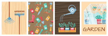 Garden cards. Growing plants at home. Flowers cultivation in greenhouse. Gardening equipment. Shovel and rake. Watering can. Seedlings in pots. Farmers boots. Seeds planting. Vector farm banners setのイラスト素材