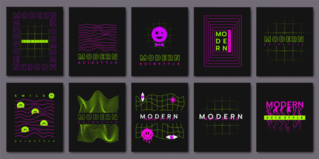 Acid rave poster. Graphic 3D futuristic grunge shapes. Y2k stickers. Abstract pattern. Distorted lines grid. Crazy emoticon icons. Neon geometric elements. Retro wireframe. Vector design banners setのイラスト素材