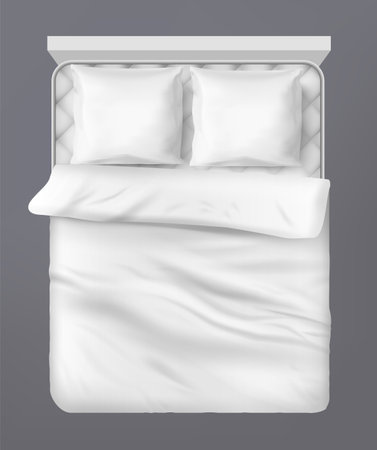 Bed top view. Fluffy pillow and blanket. White cotton linen. 3D bedding. Sleep comfort. Bedroom relaxation. Comfortable textile. Hypoallergenic duvet and soft cushions. Vector realistic home furnitureのイラスト素材