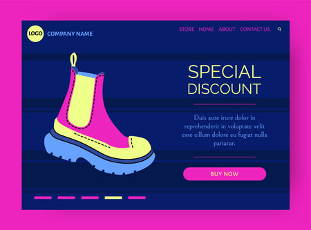 Shoes discount landing page. Store special offer. Trendy boots. Footwear sale. Stylish clothing merchandise. Fashionable accessory. Shopping web promotion. Website design template. Vector backgroundのイラスト素材