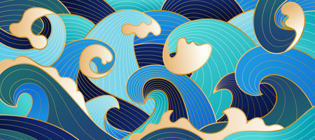 Wave background. Blue and gold line pattern. Luxury aqua ornament. Modern decoration. Premium geometric wallpaper. Golden sea splashes. Abstract artistic poster. Art Deco garish card vector designのイラスト素材