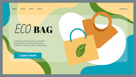 Eco bags landing page. Recycling canvas pocket. Recyclable shopper. Zero waste. Reusable handbag. Fabric sack. Ecology friendly technology. Shopping package. Website design template. Vector backgroundのイラスト素材