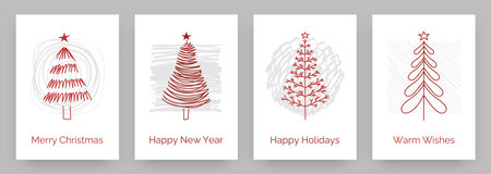 Christmas greeting cards. New Year celebration. Hand drawn Merry Xmas trees. December holiday. Red line sketch. Festive firs with stars. Spruce plants. Forest wood. Doodle postcards design vector setのイラスト素材