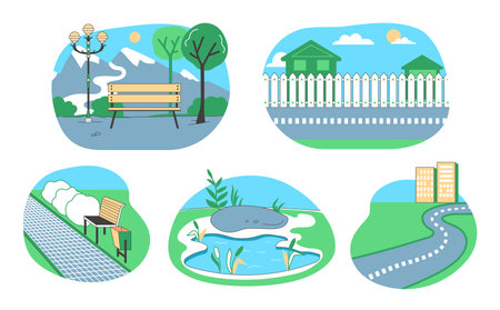 City landscape. Park road with bench and lantern. Home fence. Garden water pond. Highway to urban residential buildings. Mountain scenery. Summer nature. Suburb street. Vector cityscape scenes setのイラスト素材