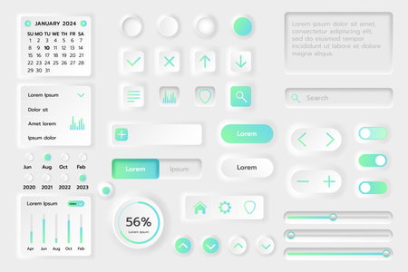 UI button. Kit Neomorphic app isolated elements, calendar UX objects, mobile web interface, template application, different icon, screen with buttons, tools and diagrams, dashboard for GUI vector menuのイラスト素材