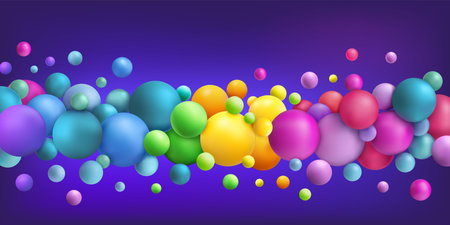 Kid balloons. 3D multicolor balls. Graphic glass spheres. Birthday wallpaper. Soft futuristic color bubbles border line. Abstract background. Geometric circle shapes group. Vector colorful joy patternのイラスト素材