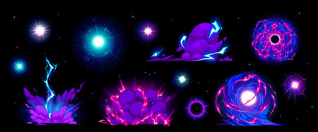 Comic effect game. Cartoon smoke and neon burst. Speed line boom. Purple flash lightning. Energy motion. Wind and cloud. Magic fire. Green blast flame. Bomb explosion. Vector light VFX elements setのイラスト素材
