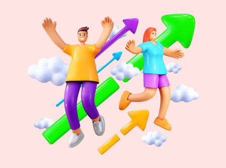 3D arrow people. Business growth and development. Trade rise up icon. Graphic sale chart. Render happy man and woman fly. Stock exchange market graph index. Joyful couple in clouds. Vector backgroundのイラスト素材