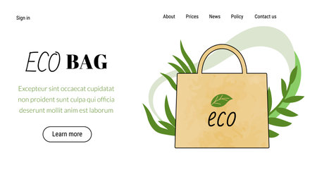 Eco bags landing page. Recycling canvas pocket. Recyclable shopper. Zero waste. Reusable handbag. Fabric sack. Ecology friendly technology. Shopping package. Website design template. Vector backgroundのイラスト素材