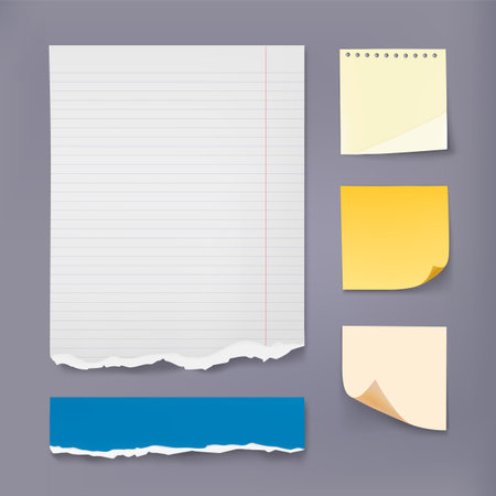 Note sheet. Notebook page. Torn edges. Ripped reminder. Folded corners. Sticky memos. Empty notepad. Office stationery. Write message. Crumpled notice piece. Memory sticker. Vector blank notepaper setのイラスト素材