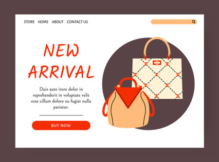 Bags store landing page. Fashion collection. Online shopping. Trendy handbag. Leather backpack or tote. Luxury shopper. Stylish merchandise. Fashionable clothing shop. Website template vector designのイラスト素材