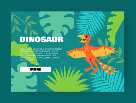 Cartoon dino. Paleontology landing page. Tropical forest. Palm leaves. Jurassic nature. Wild animal. Prehistoric pterodactyl. Extinct reptile. Children education. Website template. Vector backgroundのイラスト素材