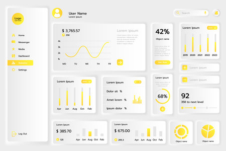 Dashboard design UX. Wireframe analytics, app template, UI website, yellow button, kit neomorphic mobile web interface, different icon menu, GUI. Graphics and charts, tools and diagrams. Vector mockupのイラスト素材