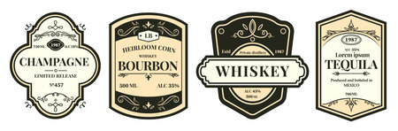 Labels for beer, vodka and whiskey bottles. Vintage wine frame sticker in wood. Alcohol beverage brand logo. Tequila drink. Champagne or bourbon gold badge template. Vector premium stickers design setのイラスト素材