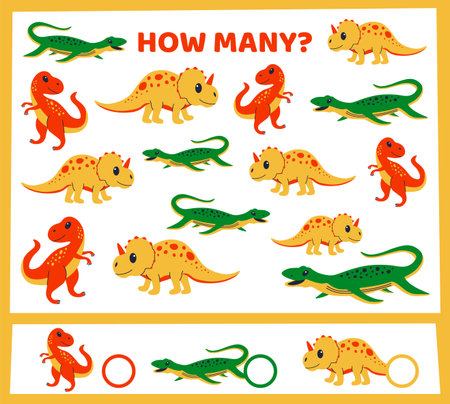 Cartoon dino. Dinosaurs counting. Preschool kids worksheet. Workbook test. Children math logic game. Prehistoric animals. Identical reptiles finding. Jurassic lizards. Vector educational puzzle designのイラスト素材