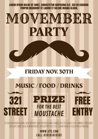 Moustache party invitation. Movember card. Prostate cancer awareness. Beard contest. November event. Male mustache holiday. Entertainment announcement poster. Vector inviting poster design templateのイラスト素材
