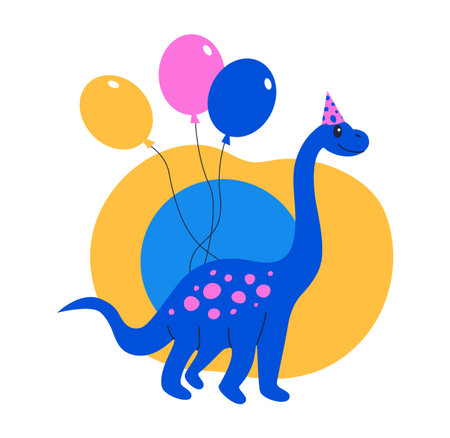 Birthday dino. Colorful dinosaur for greeting card and party invitation. Print and nursery posters design. Childish collection wild animals. Paleontology t-shirt cartoon flat isolated illustrationのイラスト素材