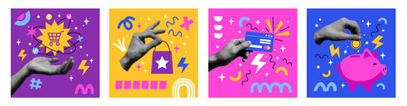 Market shopping collage card. Online purchase buy service. Design graphic shop. Comic halftone hand....