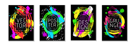 Abstract illustration. Poster collection brushstroke, font catalog design, brochure banner beach, paper frame, art book template, business graphic design. Vector stylish background garish grunge styleのイラスト素材