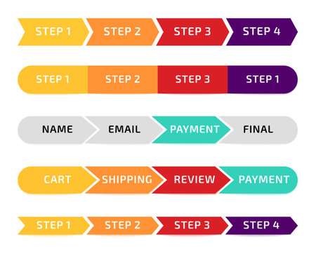 Progress bar. Infographic design. Sequence step. Shopping process icons. Purchase payment chart. Timeline phases. Progressive arrow infochart. Flowchart level. Vector development scheme indicators setのイラスト素材