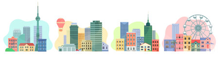 City building, flat cityscape. House and skyscrapers, town view, different metropolis, estate exterior, modern street, minimal landscape, street neighborhood scenery. Vector town isolated illustrationのイラスト素材