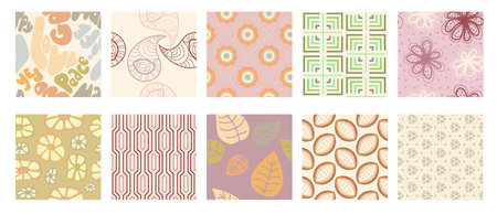 Pattern flower, retro print. Groovy abstract botanical and geometric simple background, organic shape floral marble, trendy vintage psychedelic funky aesthetic. Decor textile, wallpaper. Vector setのイラスト素材